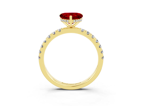 Yellow gold Heart Cut Ruby Pave Band Solitaire Ring with Round  and Prong Setting