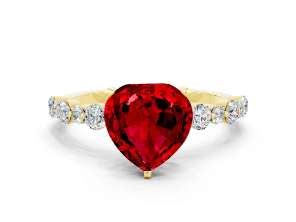 Yellow gold Heart Cut Ruby Prong Set Engagement Ring with Pavé Band