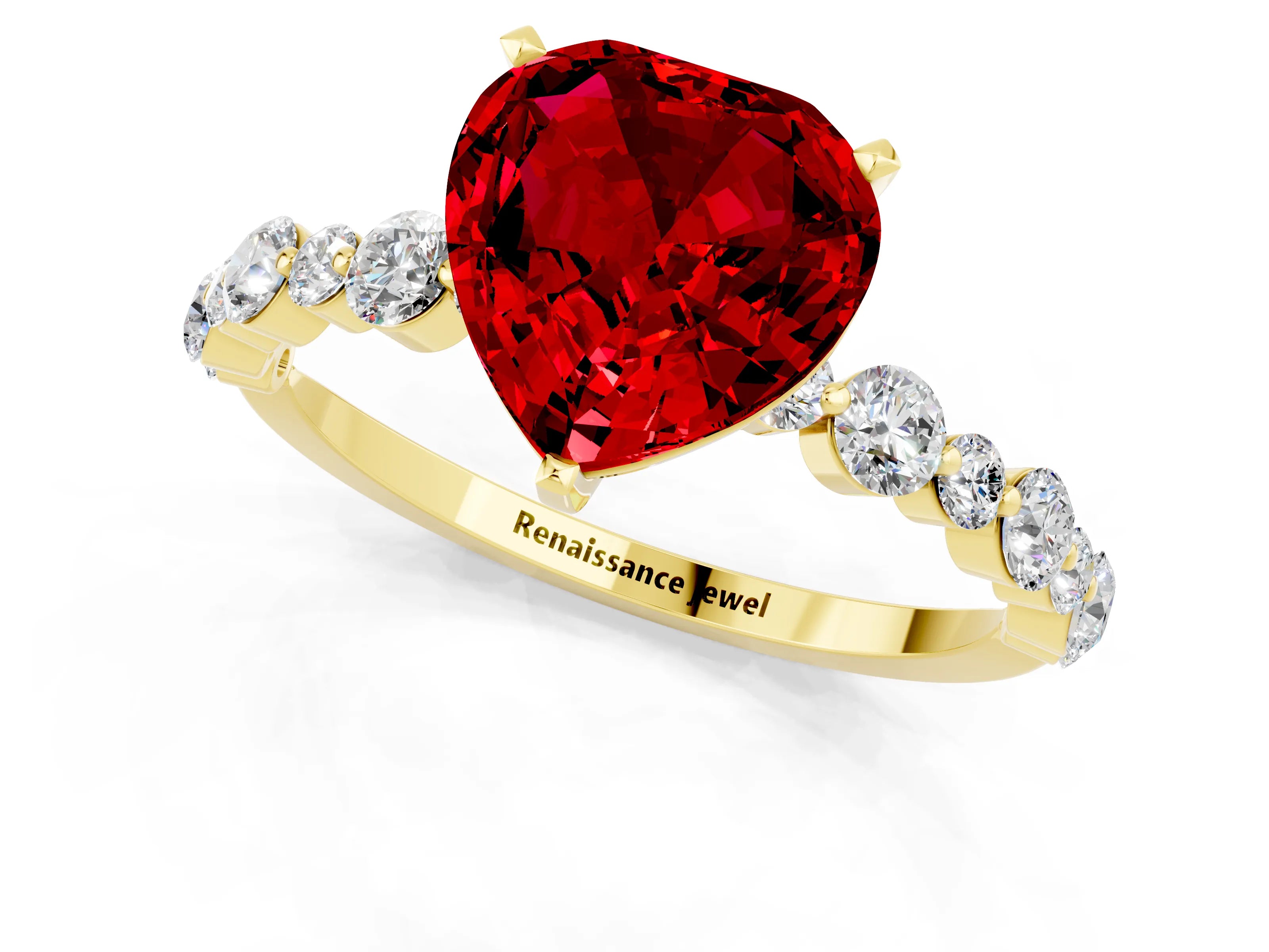 Yellow gold Heart Cut Ruby Prong Set Engagement Ring with Pavé Band_1