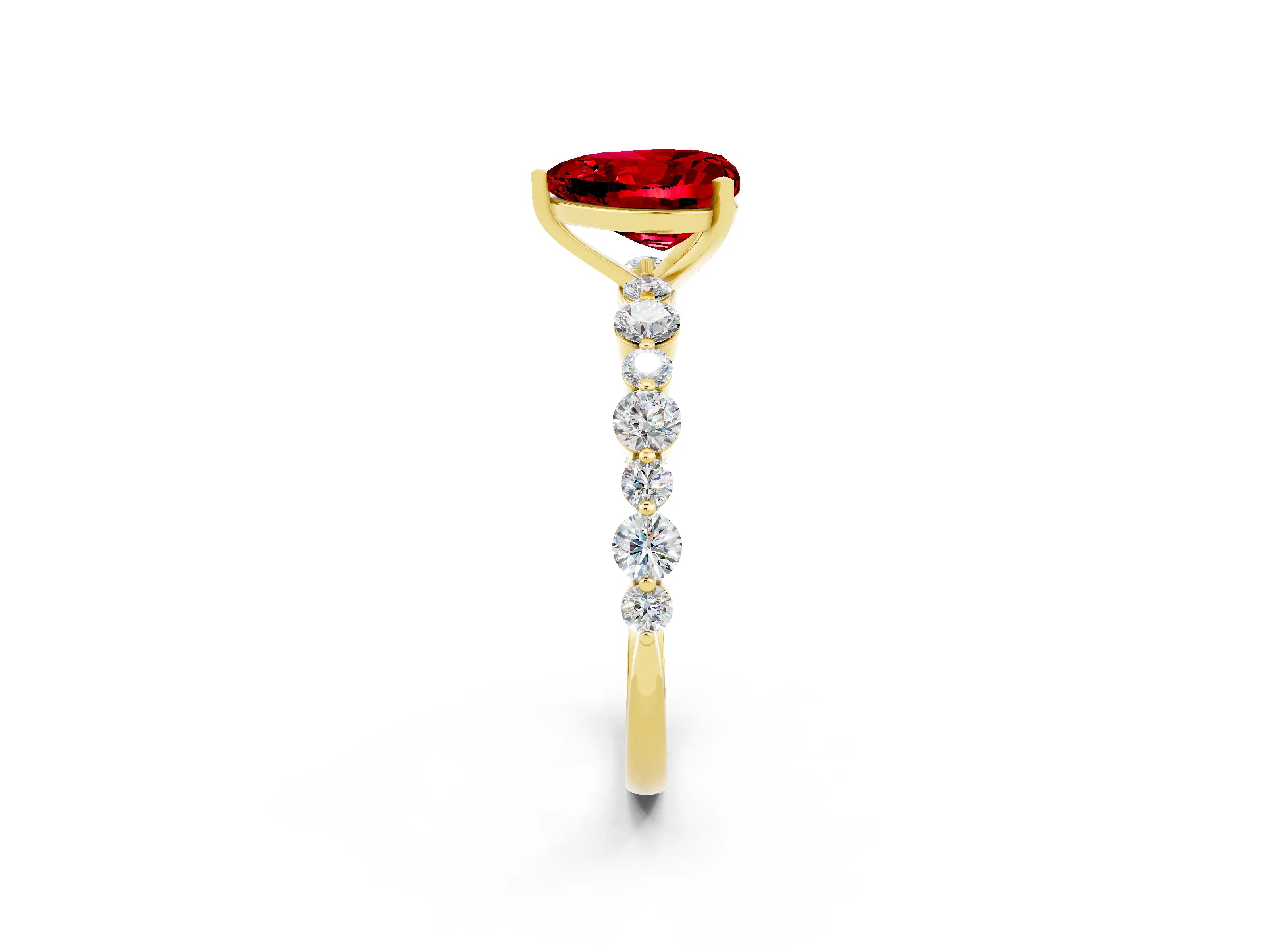 Yellow gold Heart Cut Ruby Prong Set Engagement Ring with Pavé Band_2