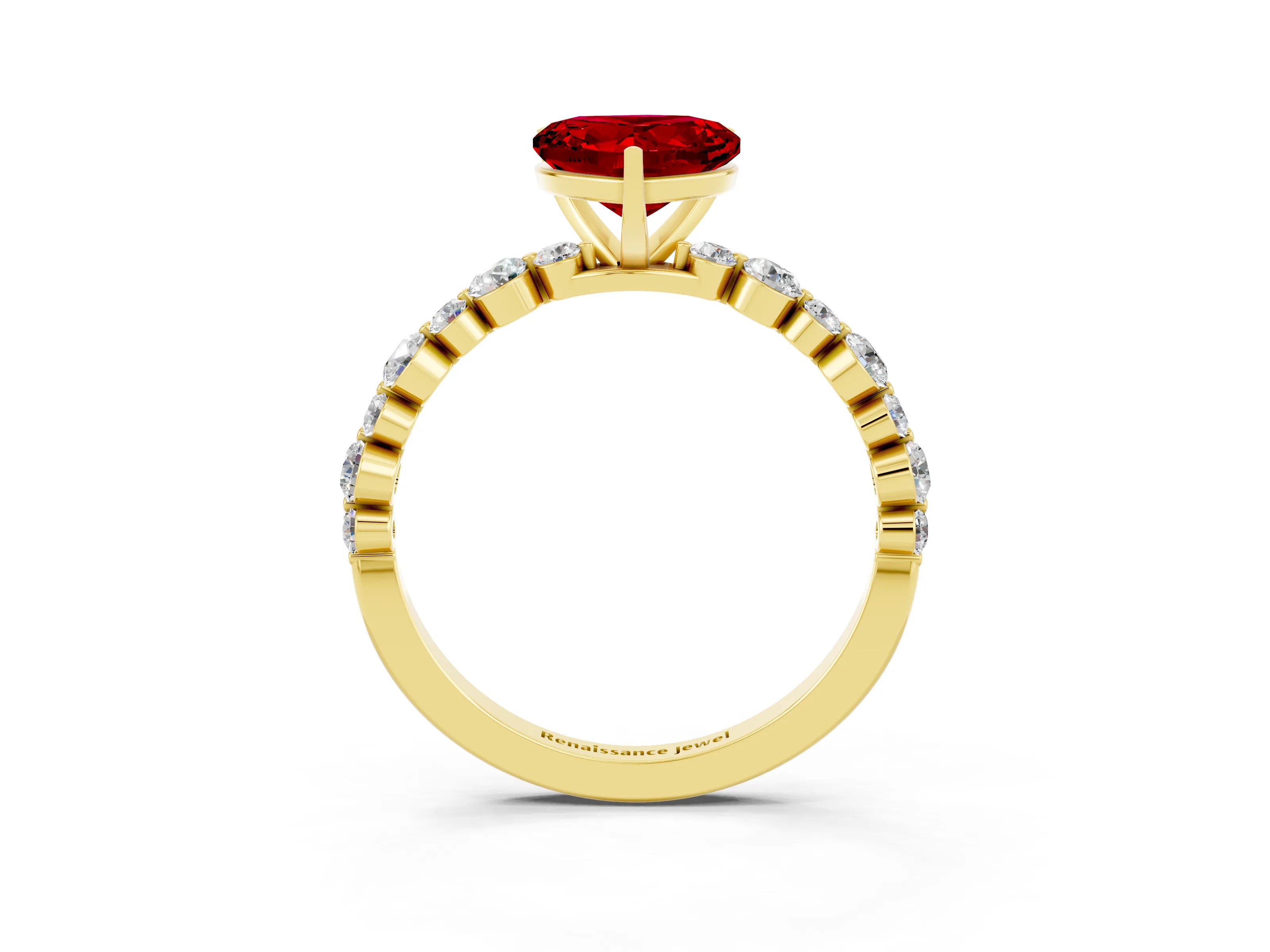 Yellow gold Heart Cut Ruby Prong Set Engagement Ring with Pavé Band_3