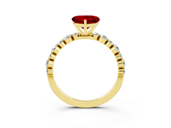 Yellow gold Heart Cut Ruby Prong Set Engagement Ring with Pavé Band