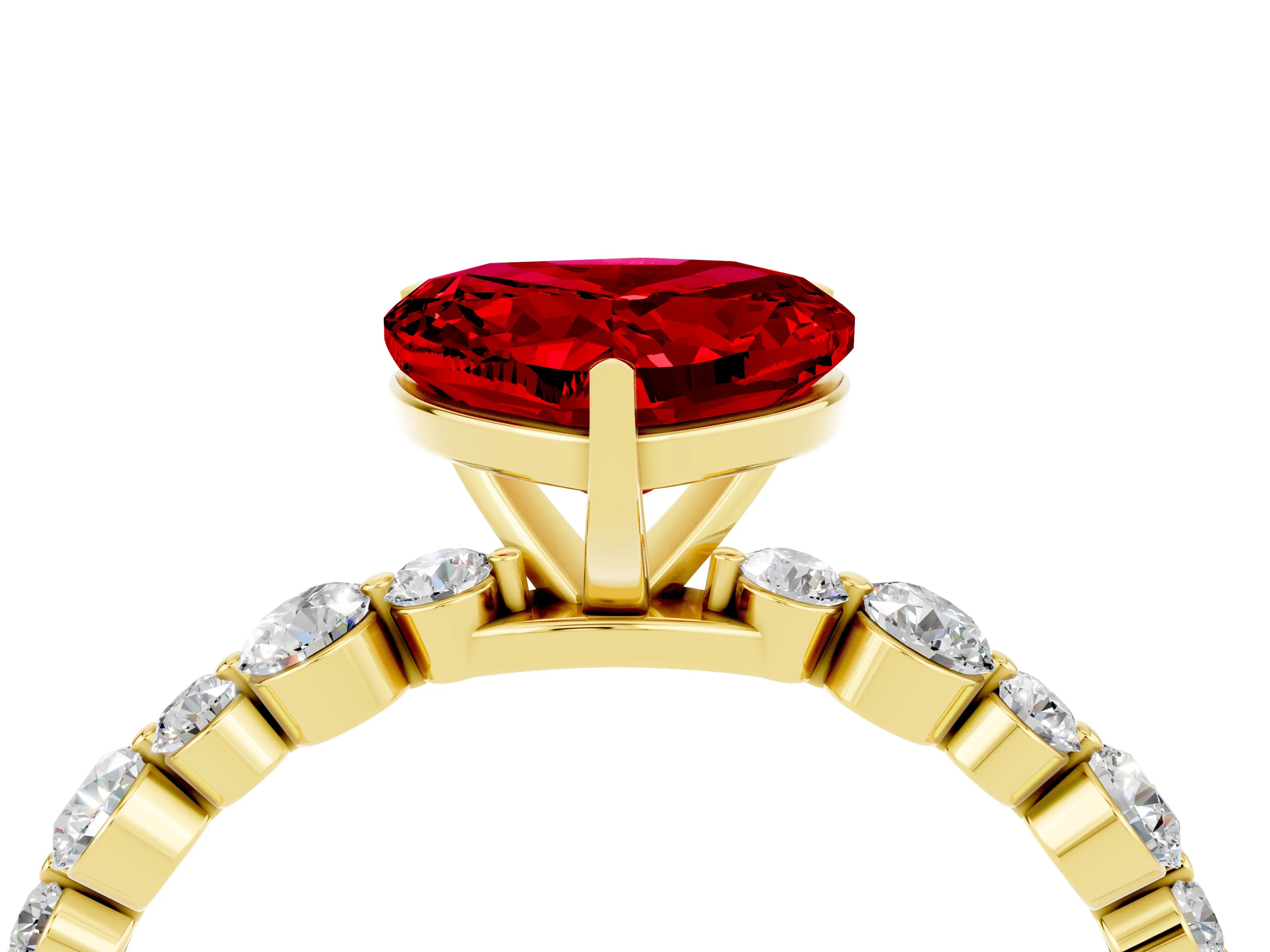 Yellow gold Heart Cut Ruby Prong Set Engagement Ring with Pavé Band_4