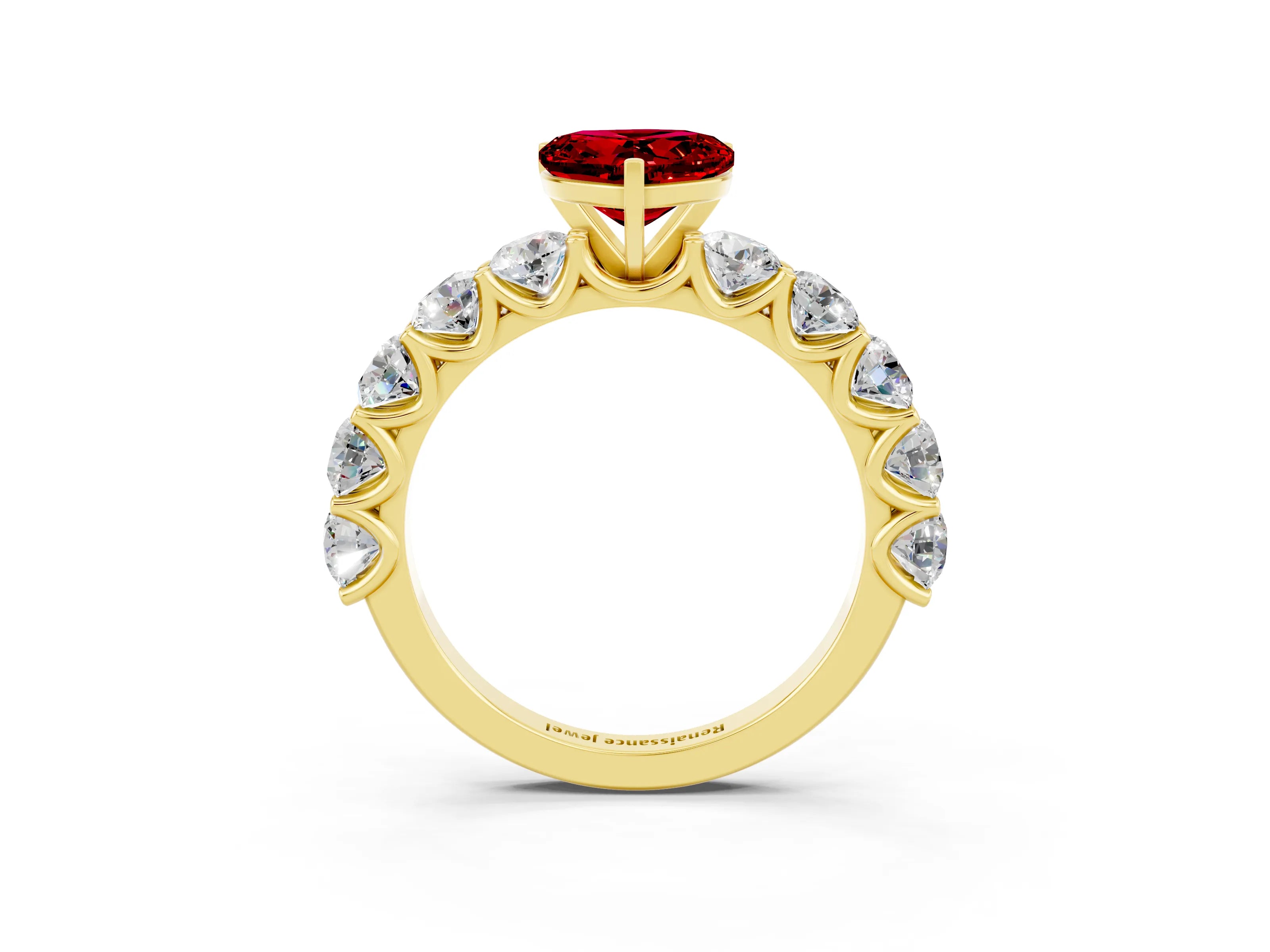 Yellow gold Heart Cut Ruby Prong Setting with Side Stones on a Pave Band_3