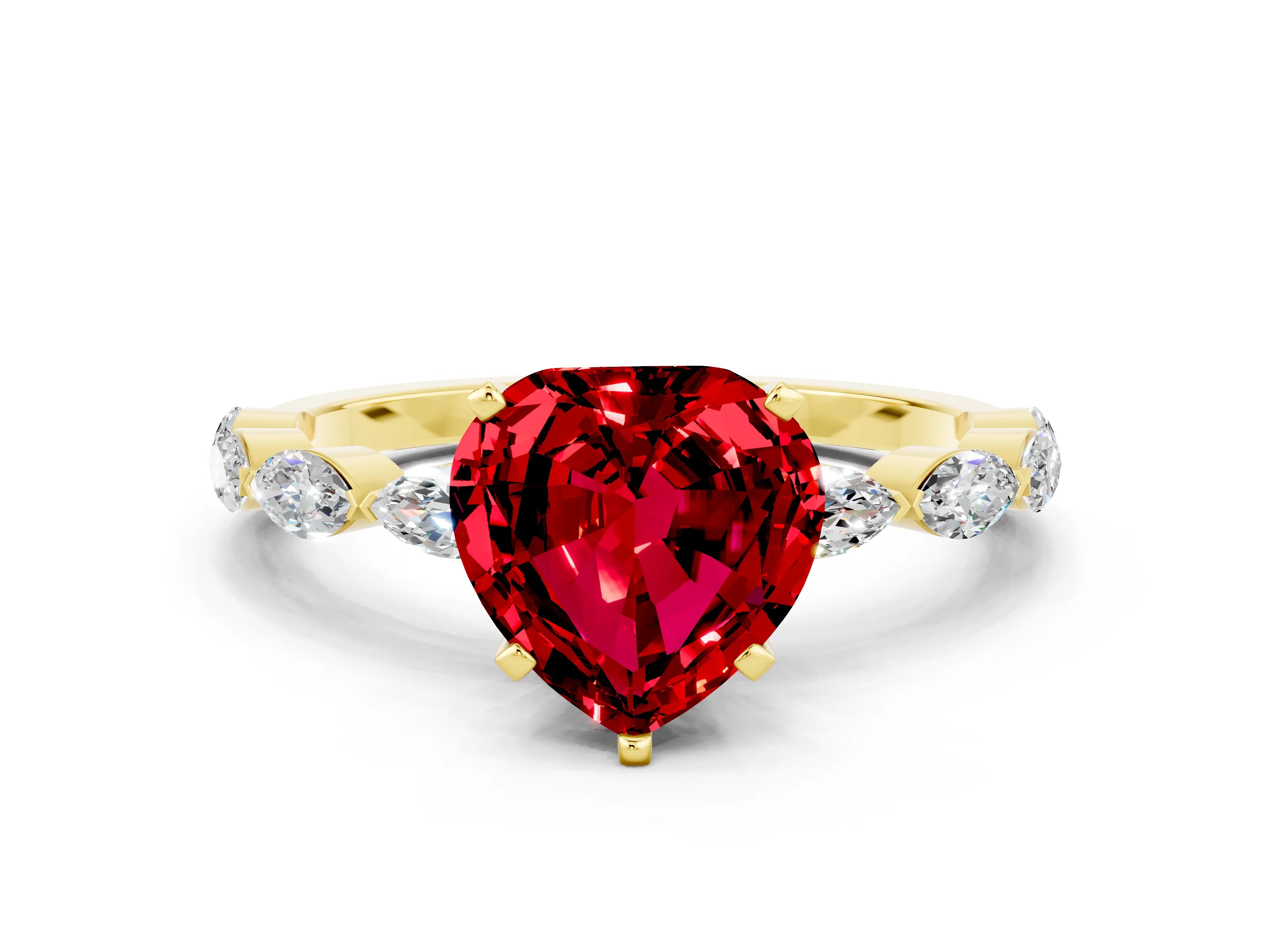 Yellow gold Heart Cut Ruby Ring with Marquise Side Stones and Prong Setting