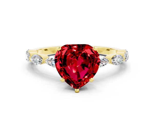 Yellow gold Heart Cut Ruby Ring with Marquise Side Stones and Prong Setting