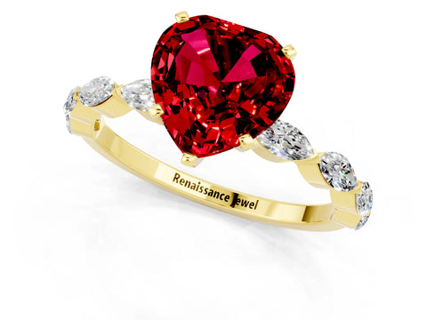 Yellow gold Heart Cut Ruby Ring with Marquise Side Stones and Prong Setting_1