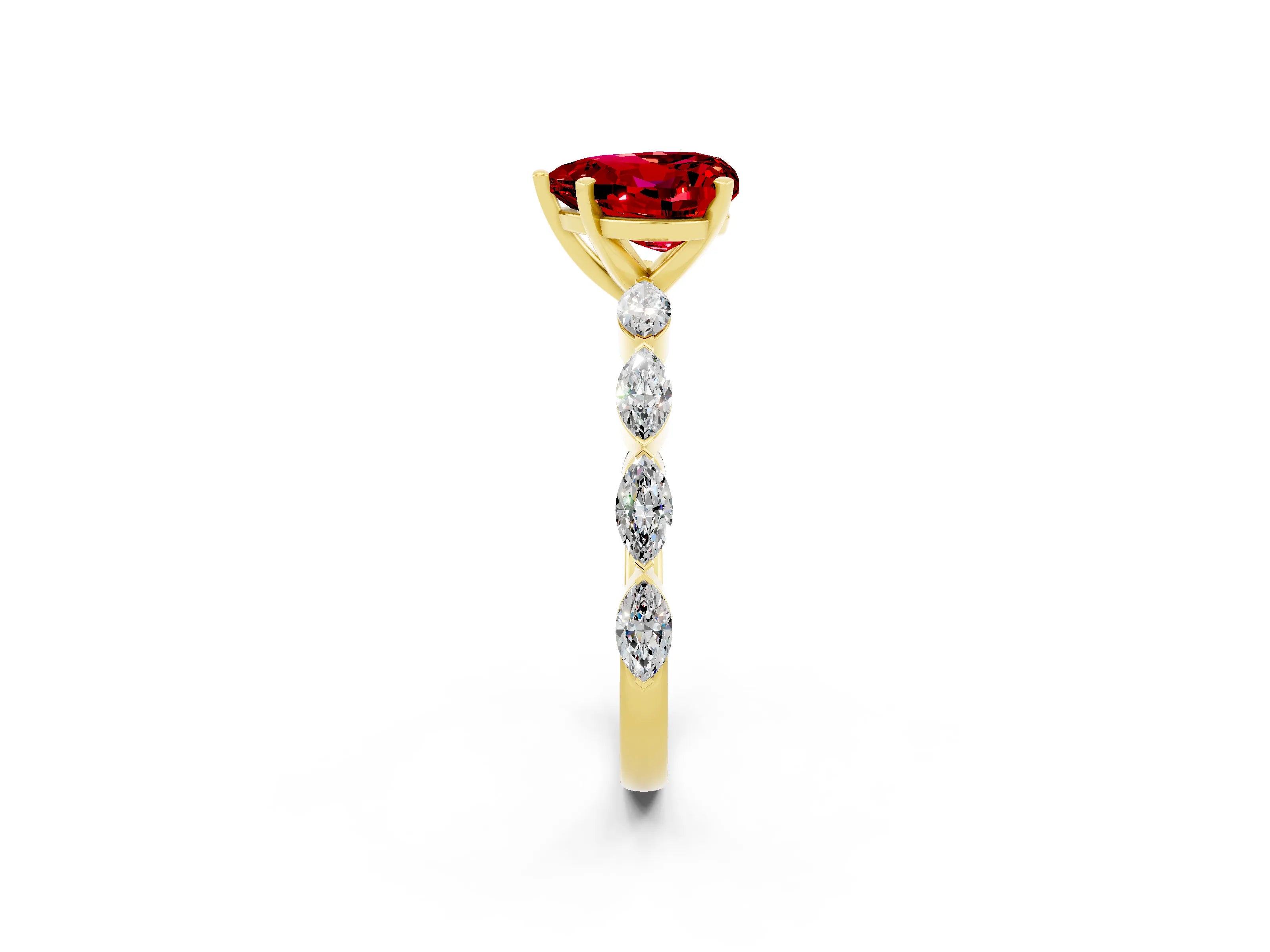 Yellow gold Heart Cut Ruby Ring with Marquise Side Stones and Prong Setting_2