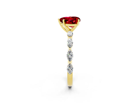 Yellow gold Heart Cut Ruby Ring with Marquise Side Stones and Prong Setting_2