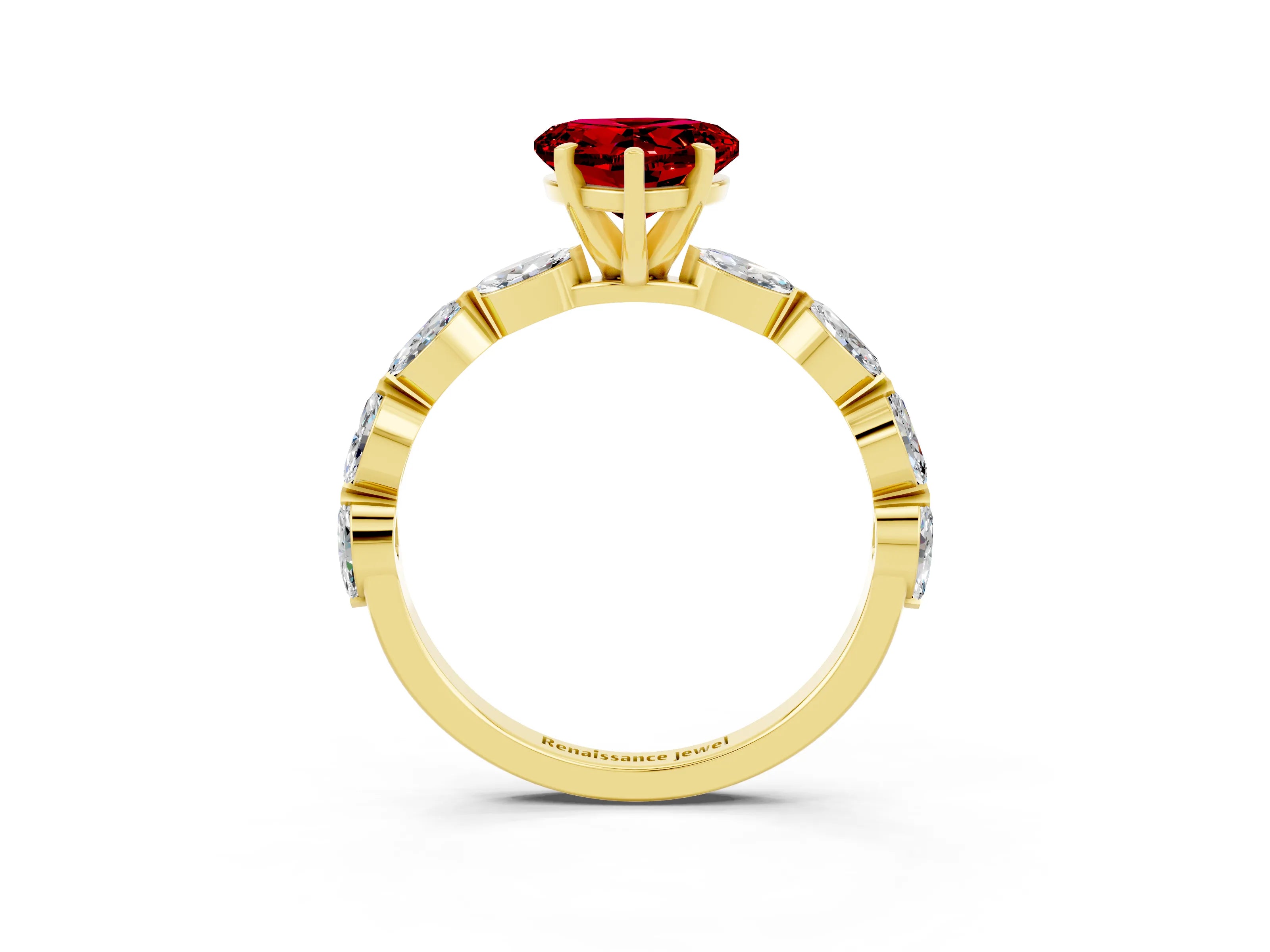 Yellow gold Heart Cut Ruby Ring with Marquise Side Stones and Prong Setting_3
