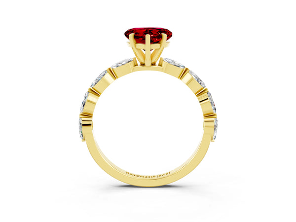 Yellow gold Heart Cut Ruby Ring with Marquise Side Stones and Prong Setting
