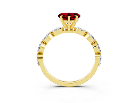 Yellow gold Heart Cut Ruby Ring with Marquise Side Stones and Prong Setting_3