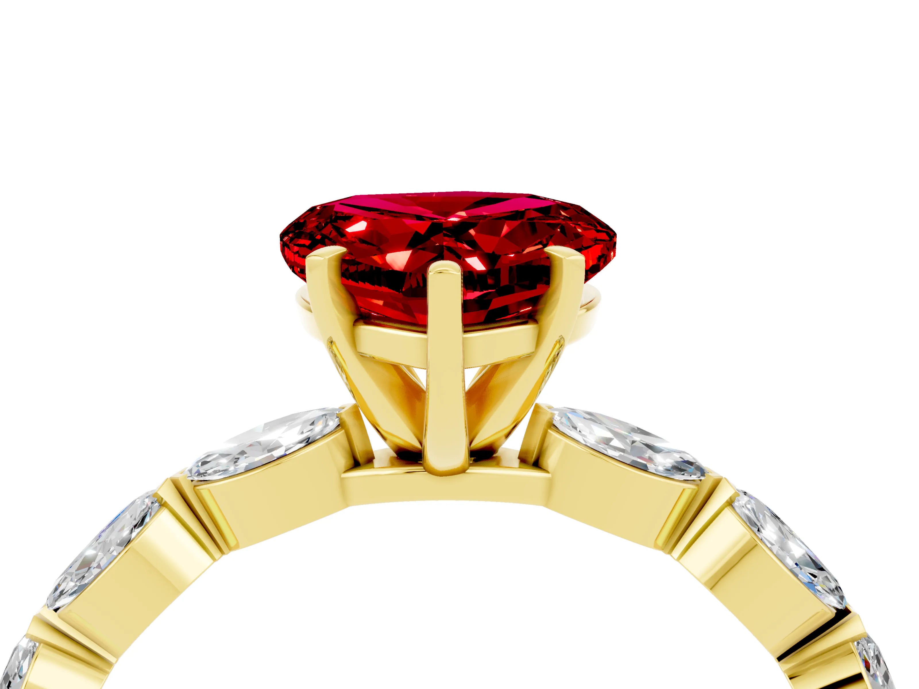 Yellow gold Heart Cut Ruby Ring with Marquise Side Stones and Prong Setting_4