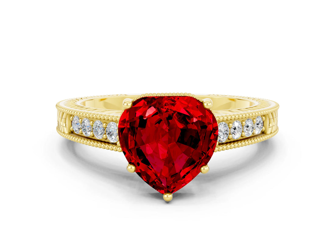 Yellow gold Heart Cut Ruby Ring with Milgrain Pavé Band and Four-Prong Setting_12