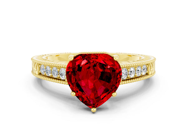 Yellow gold Heart Cut Ruby Ring with Milgrain Pavé Band and Four-Prong Setting