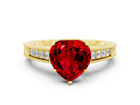 Yellow gold Heart Cut Ruby Ring with Milgrain Pavé Band and Four-Prong Setting_12