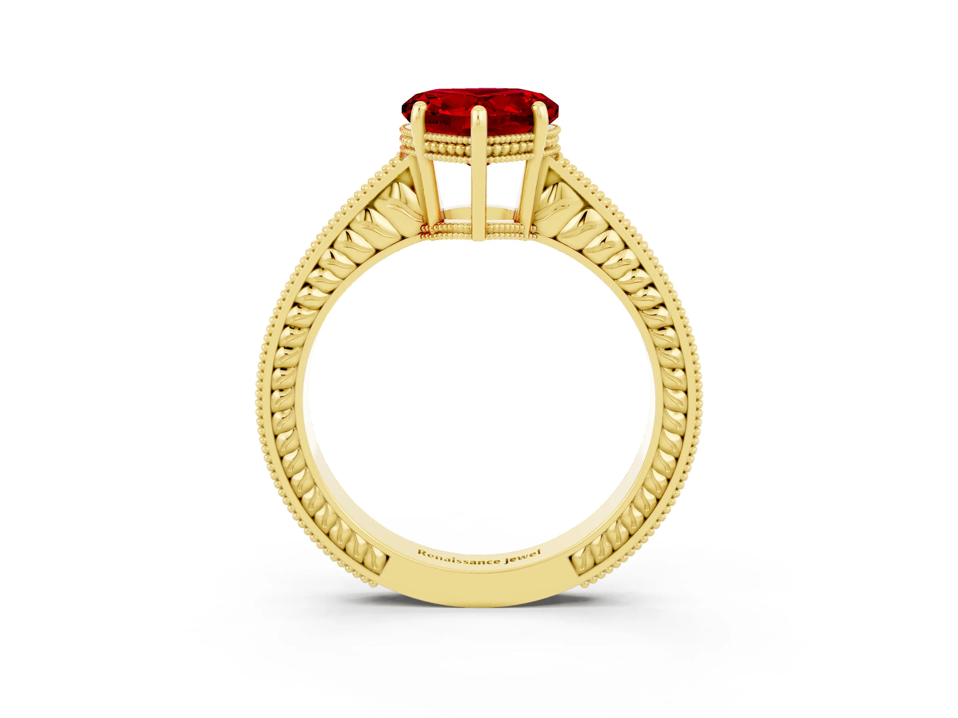Yellow gold Heart Cut Ruby Ring with Milgrain Pavé Band and Four-Prong Setting_15