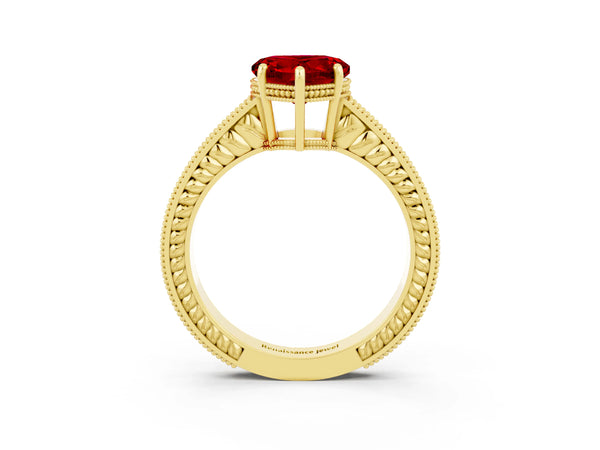 Yellow gold Heart Cut Ruby Ring with Milgrain Pavé Band and Four-Prong Setting