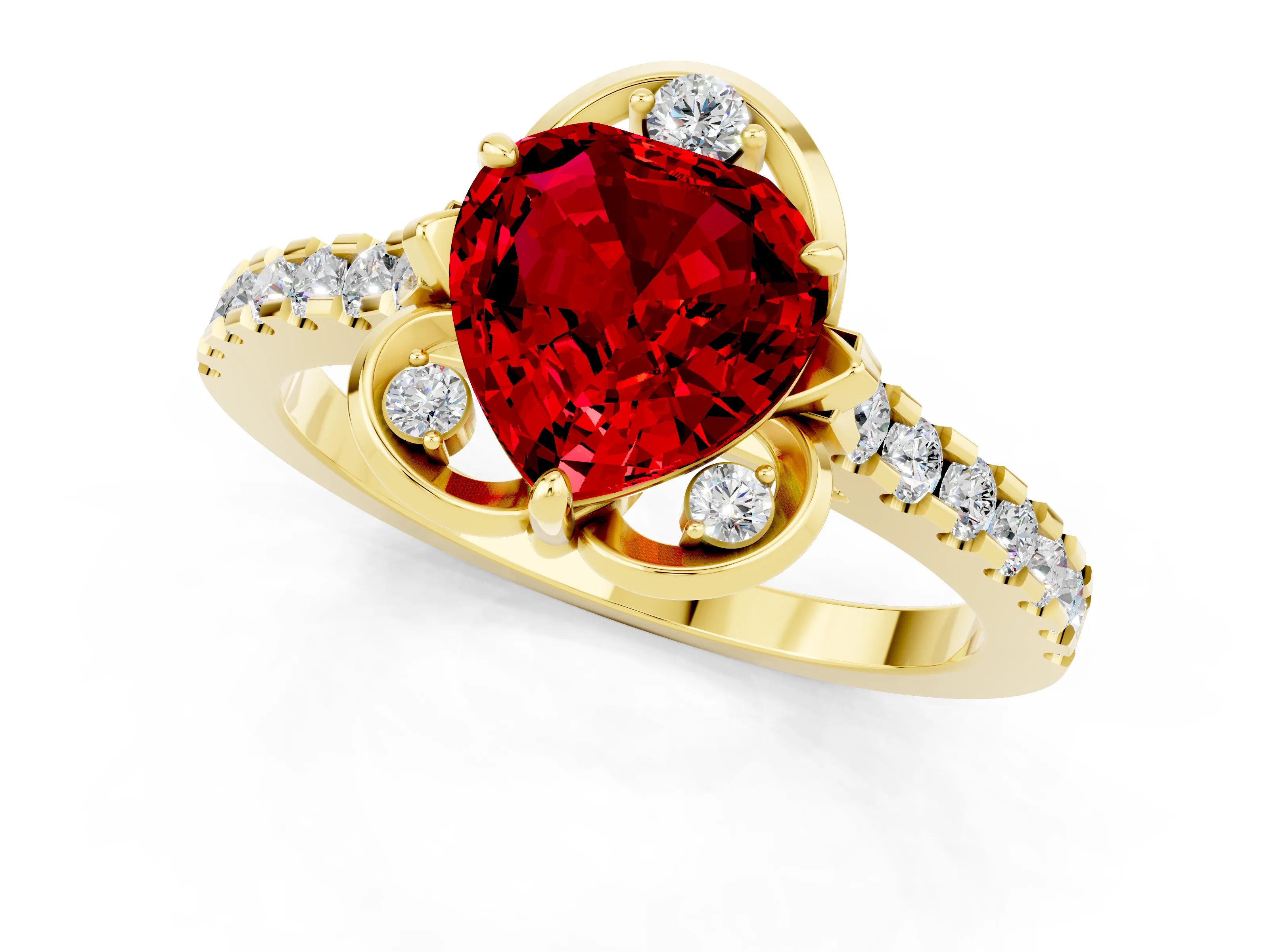 Yellow gold Heart Cut Ruby Ring with Pavé Band and Floral Prong Setting_1