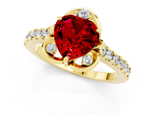 Yellow gold Heart Cut Ruby Ring with Pavé Band and Floral Prong Setting