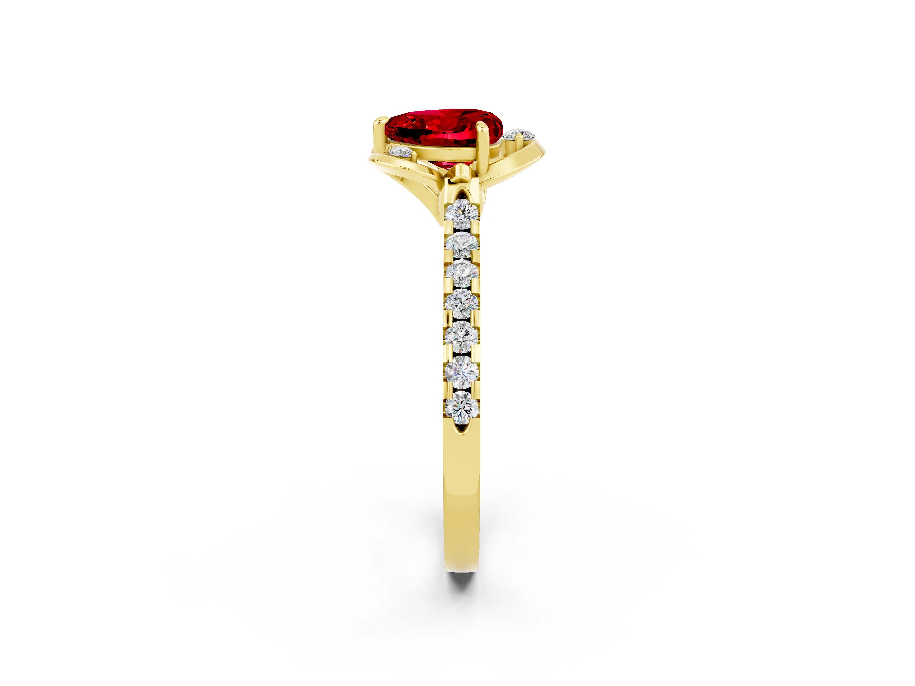 Yellow gold Heart Cut Ruby Ring with Pavé Band and Floral Prong Setting_2