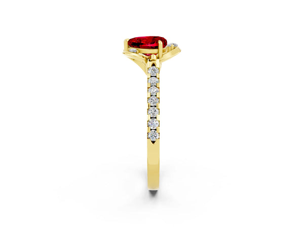 Yellow gold Heart Cut Ruby Ring with Pavé Band and Floral Prong Setting