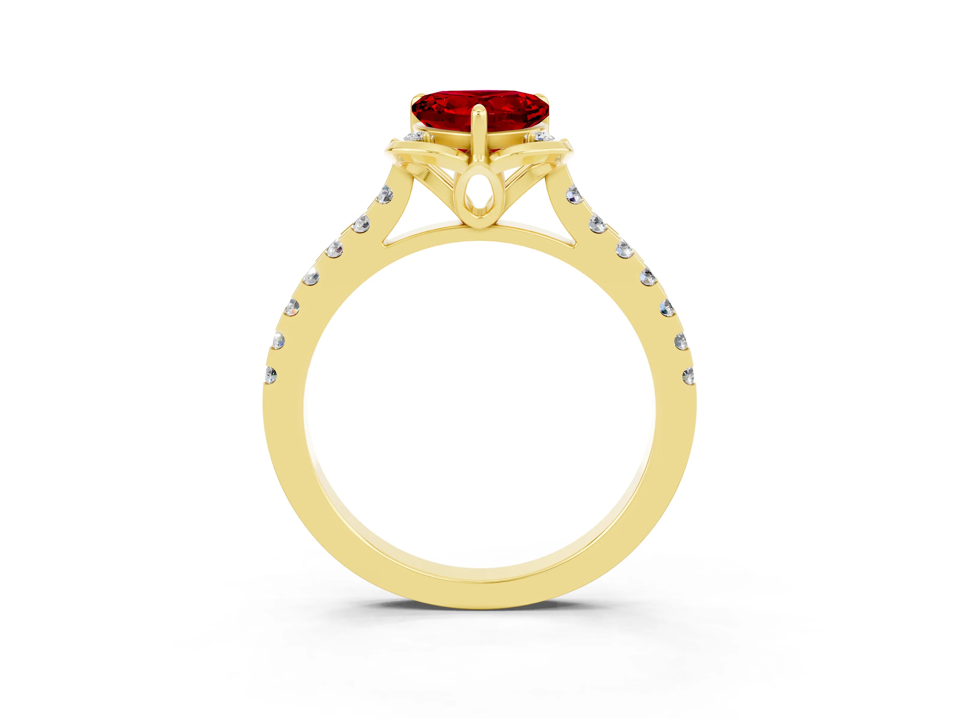 Yellow gold Heart Cut Ruby Ring with Pavé Band and Floral Prong Setting_3