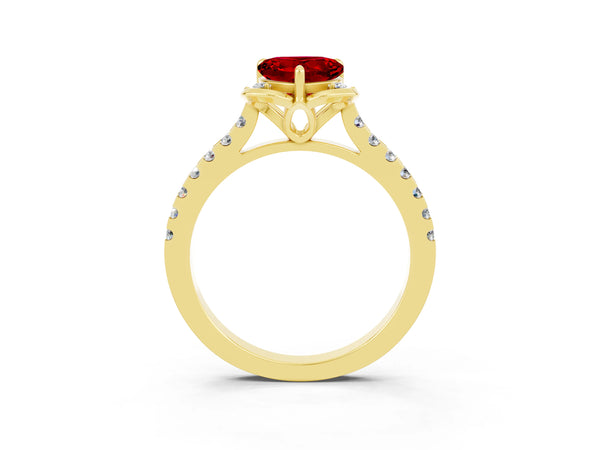Yellow gold Heart Cut Ruby Ring with Pavé Band and Floral Prong Setting