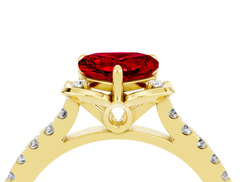 Yellow gold Heart Cut Ruby Ring with Pavé Band and Floral Prong Setting_4