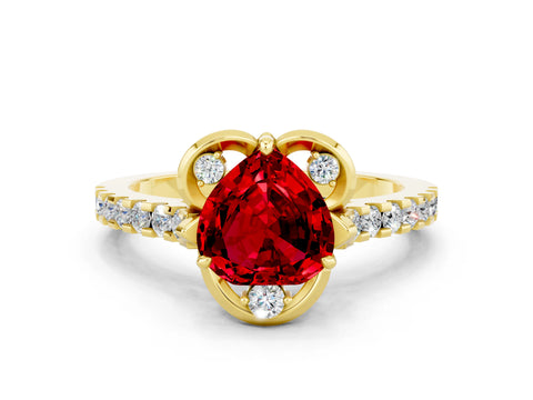 Yellow gold Heart Cut Ruby Ring with Pavé Band and Floral Prong Setting