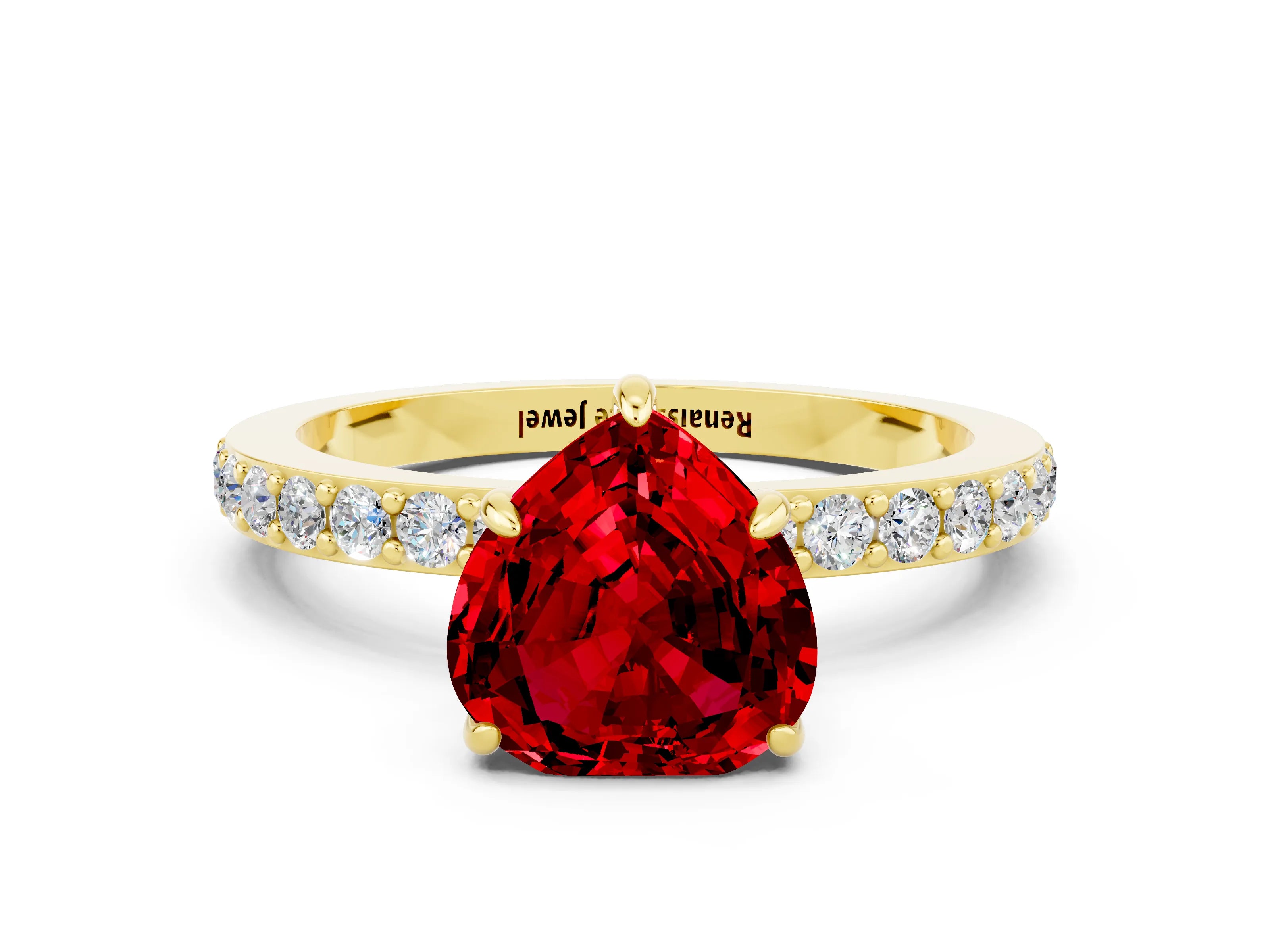 Yellow gold Heart Cut Ruby Ring with Pavé Band and Four-Prong Setting