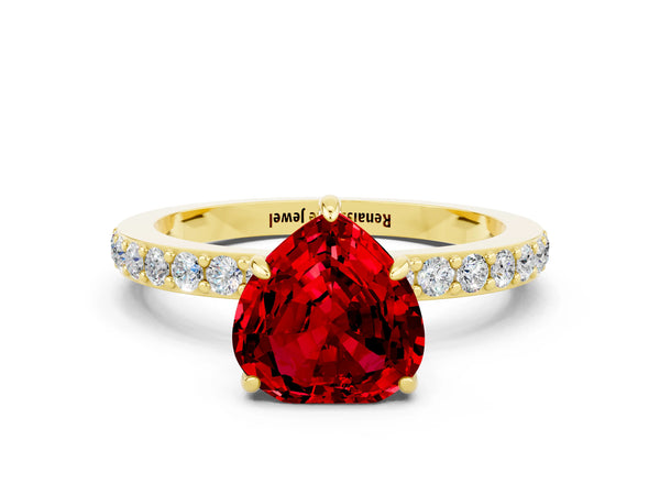 Yellow gold Heart Cut Ruby Pavé Engagement Ring with Round  Accents and Prong Setting