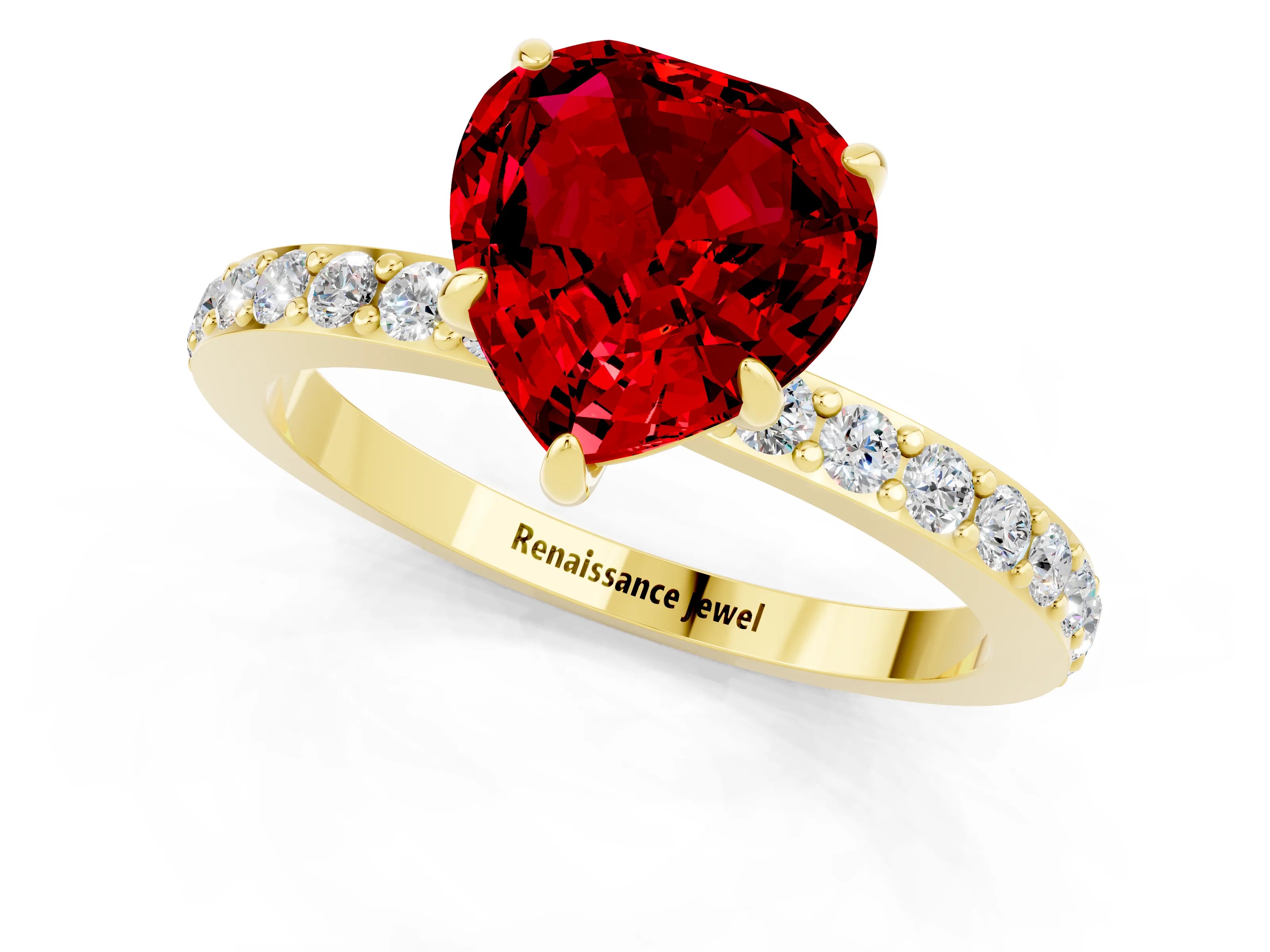 Yellow gold Heart Cut Ruby Ring with Pavé Band and Four-Prong Setting_1