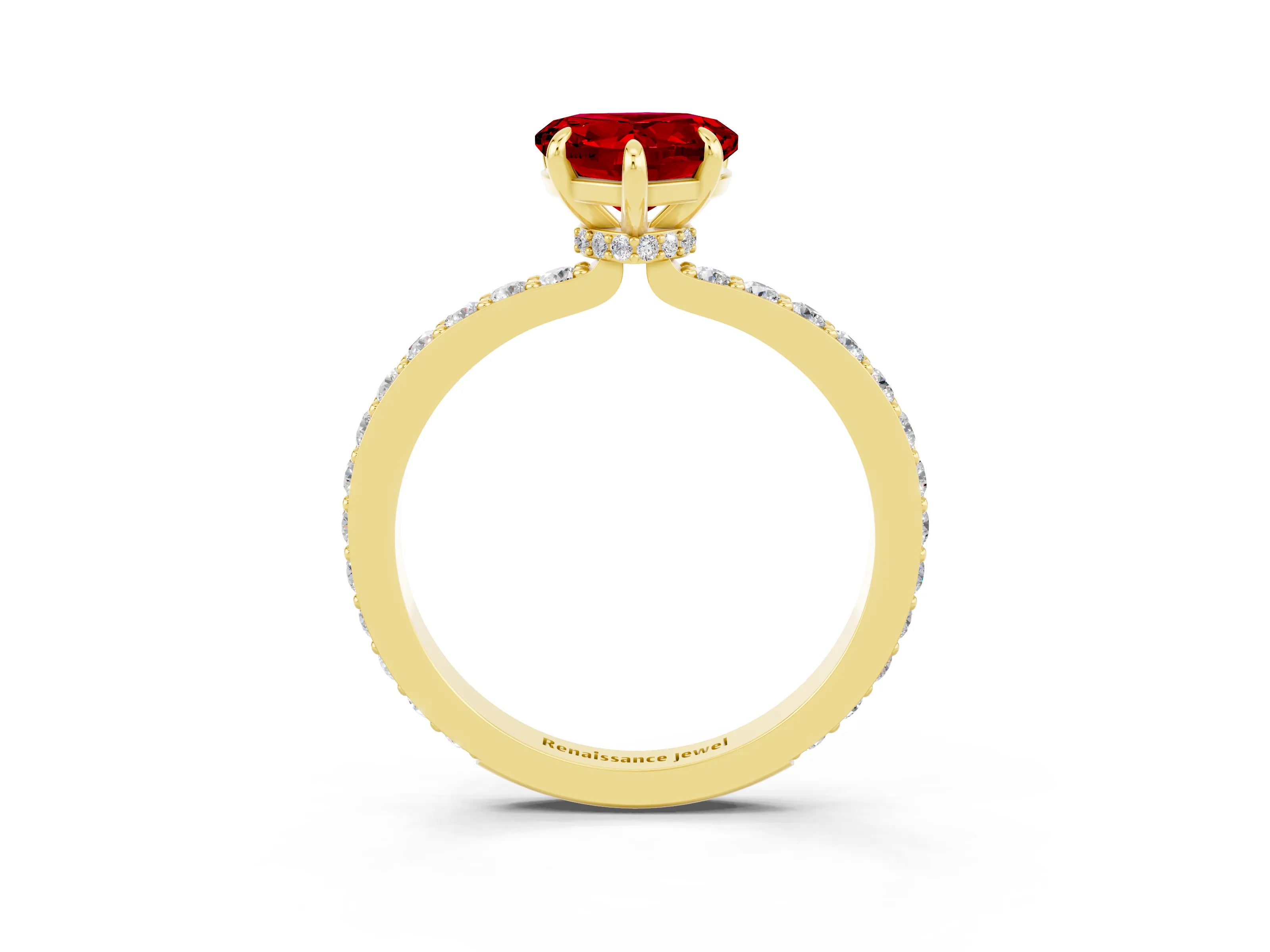 Yellow gold Heart Cut Ruby Ring with Pavé Band and Four-Prong Setting_3