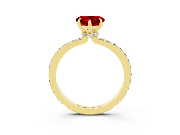 Yellow gold Heart Cut Ruby Pavé Engagement Ring with Round  Accents and Prong Setting