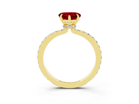 Yellow gold Heart Cut Ruby Ring with Pavé Band and Four-Prong Setting_3