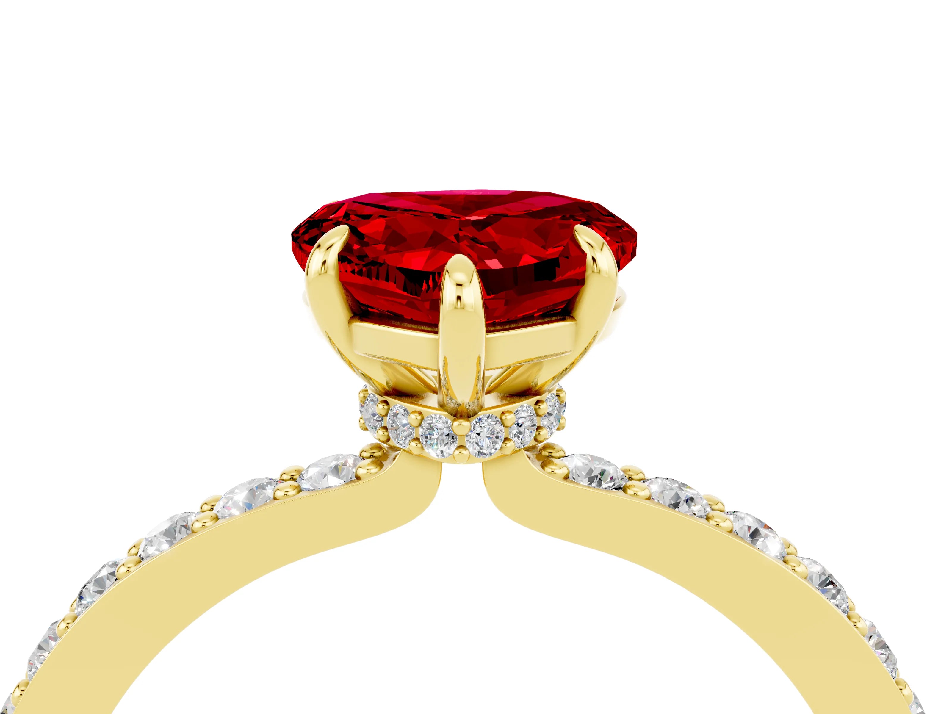 Yellow gold Heart Cut Ruby Ring with Pavé Band and Four-Prong Setting_4