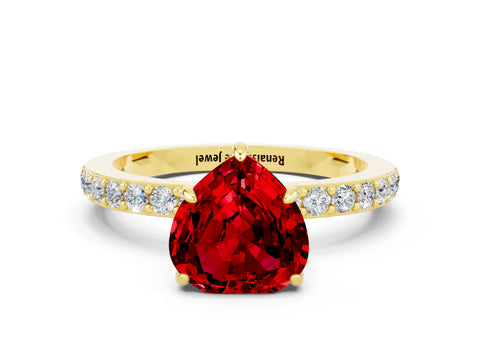 Yellow gold Heart Cut Ruby Ring with Pavé Band and Four-Prong Setting