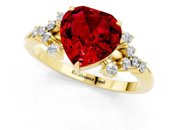 Yellow gold Heart Cut Ruby Ring with Side Stones and Four-Prong Setting