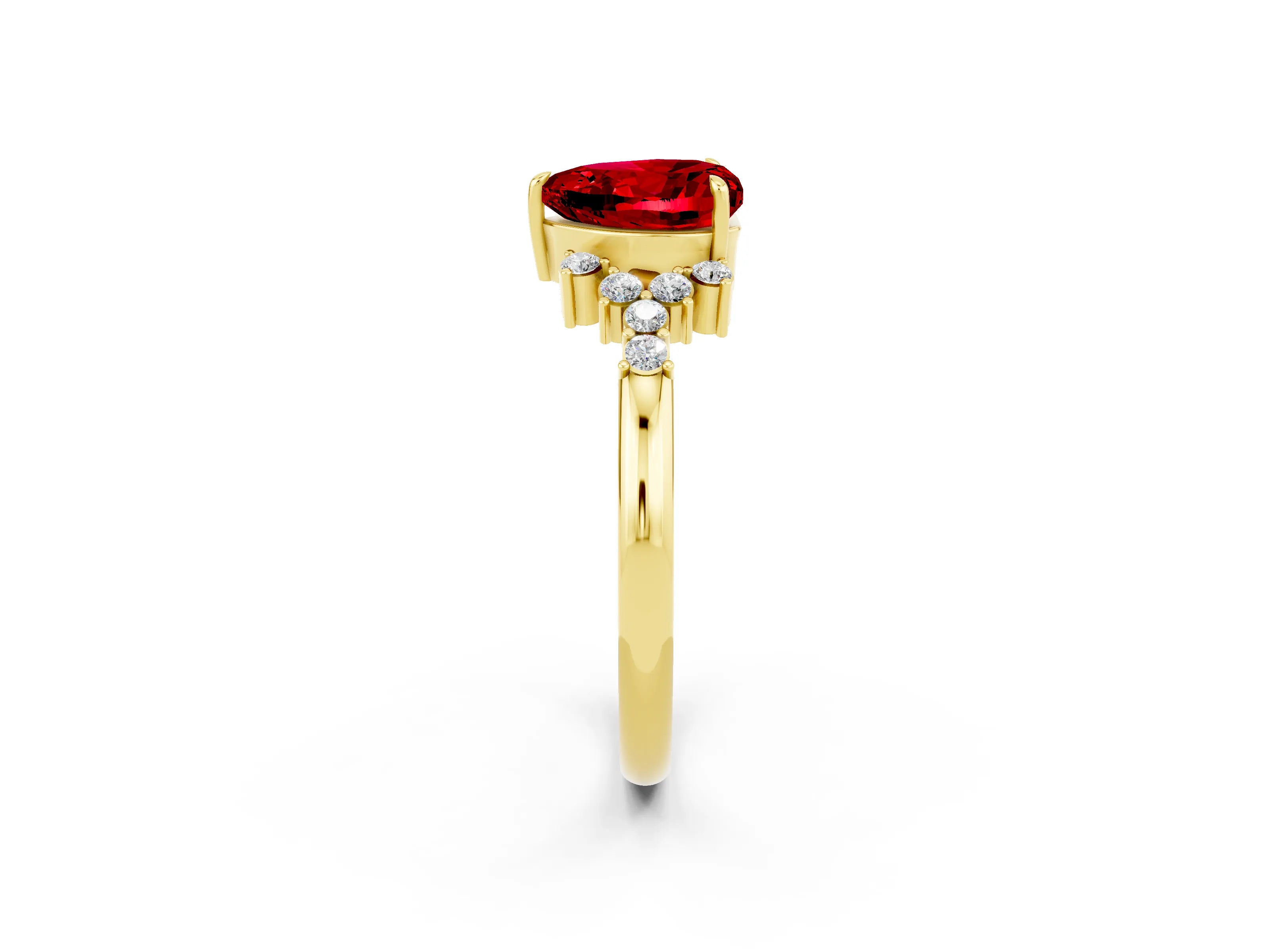 Yellow gold Heart Cut Ruby Ring with Side Stones and Four-Prong Setting_38