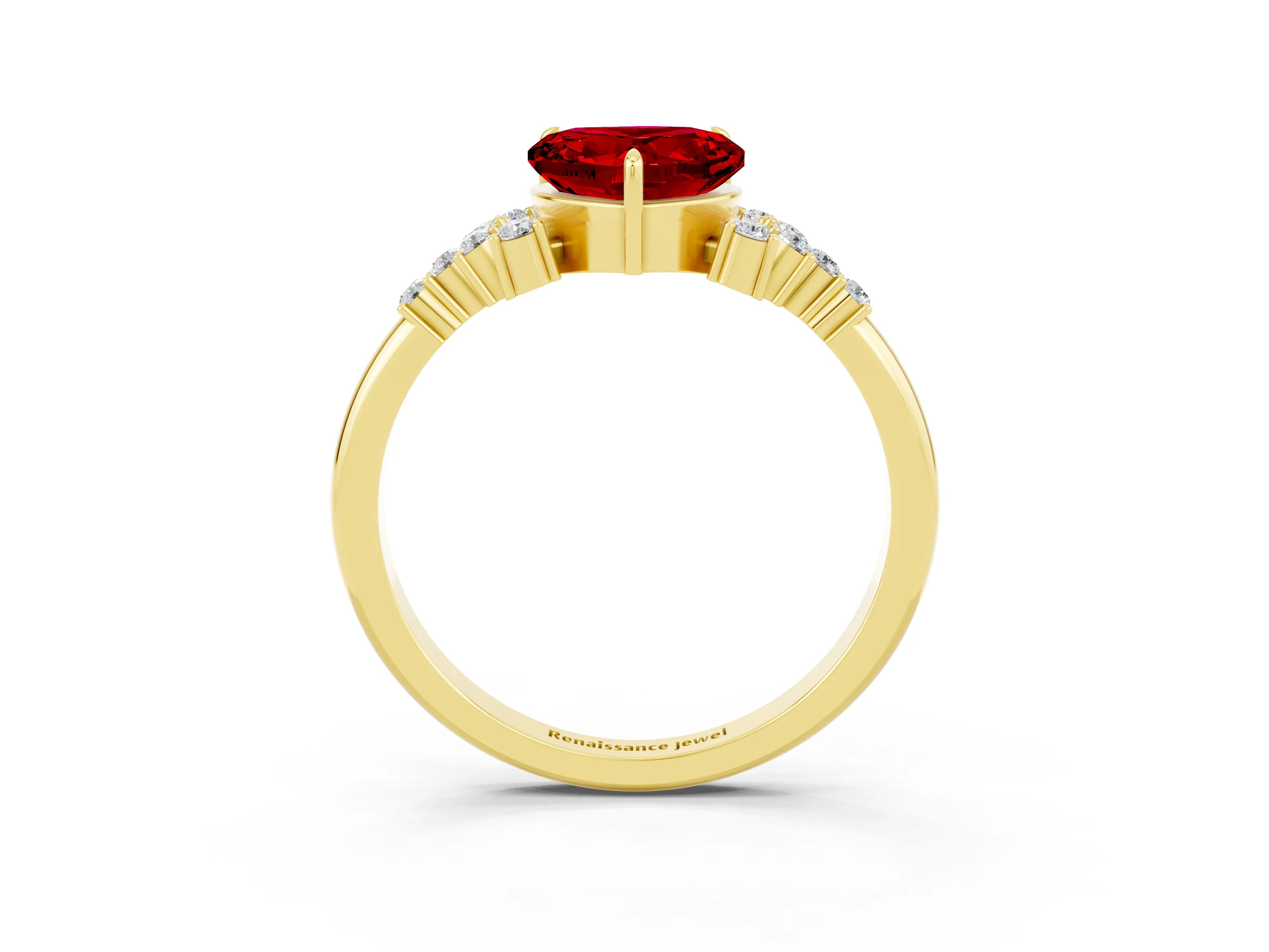 Yellow gold Heart Cut Ruby Ring with Side Stones and Four-Prong Setting_39