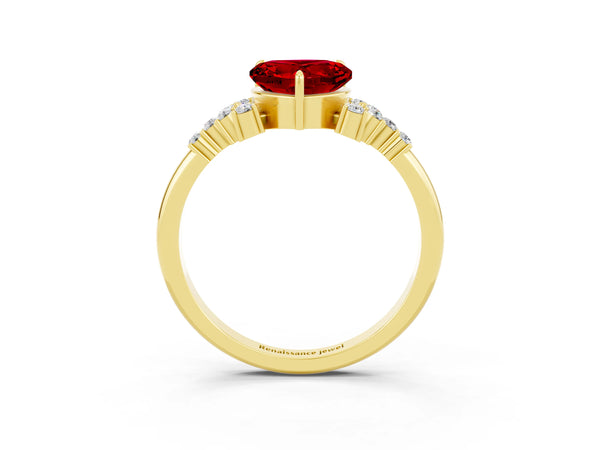 Yellow gold Heart Cut Ruby Ring with Side Stones and Four-Prong Setting