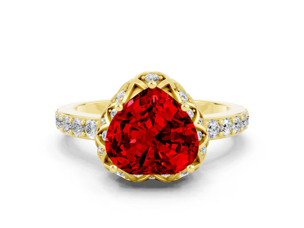 Yellow gold Heart Cut Ruby Scalloped Halo Engagement Ring with Round Shared Prong Band