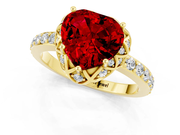 Yellow gold Heart Cut Ruby Scalloped Halo Engagement Ring with Round Shared Prong Band