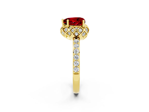 Yellow gold Heart Cut Ruby Scalloped Halo Engagement Ring with Round Shared Prong Band