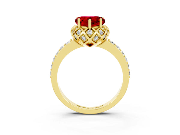 Yellow gold Heart Cut Ruby Scalloped Halo Engagement Ring with Round Shared Prong Band