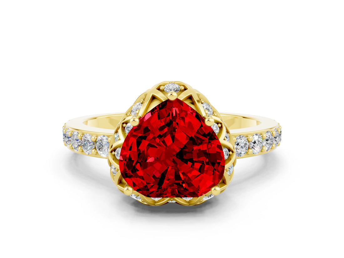 Yellow gold Heart Cut Ruby Scalloped Halo Engagement Ring with Round Shared Prong Band_24