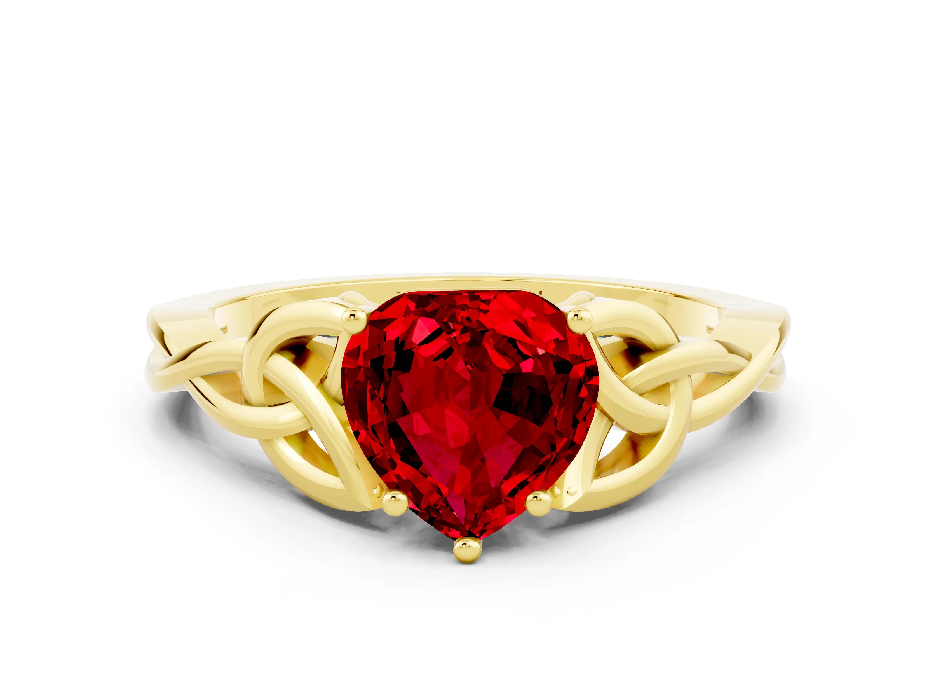 Yellow gold Heart Cut Ruby Solitaire Celtic Knot Ring with Four-Prong Setting_12