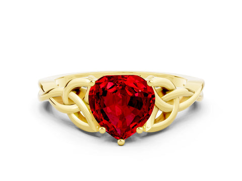 Yellow gold Heart Cut Ruby Solitaire Celtic Knot Ring with Four-Prong Setting_12