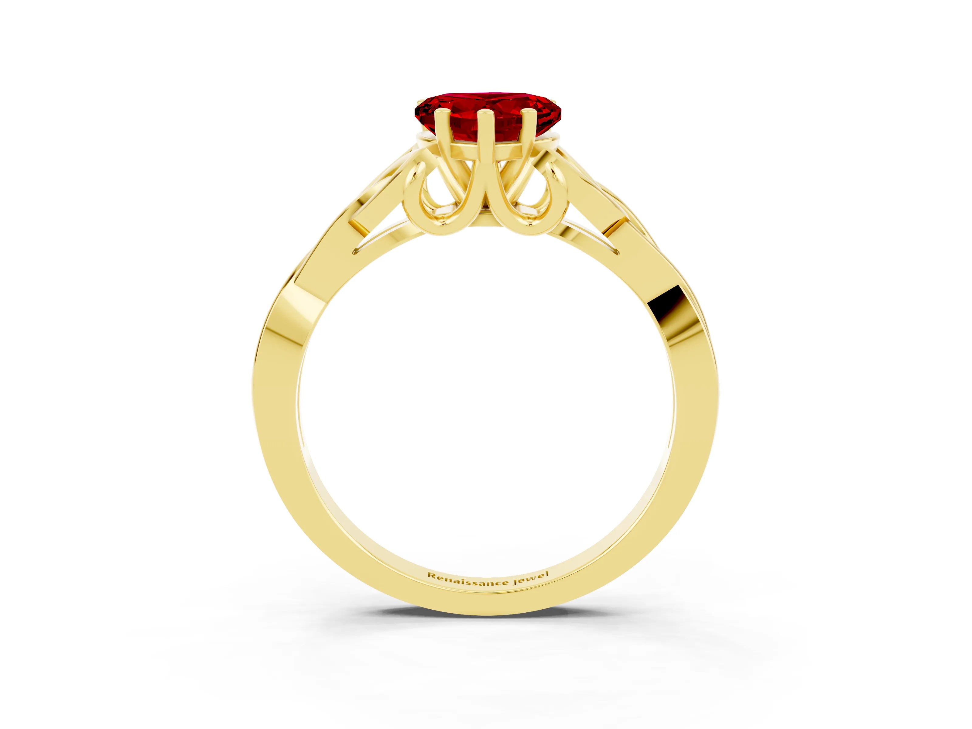 Yellow gold Heart Cut Ruby Solitaire Celtic Knot Ring with Four-Prong Setting_15